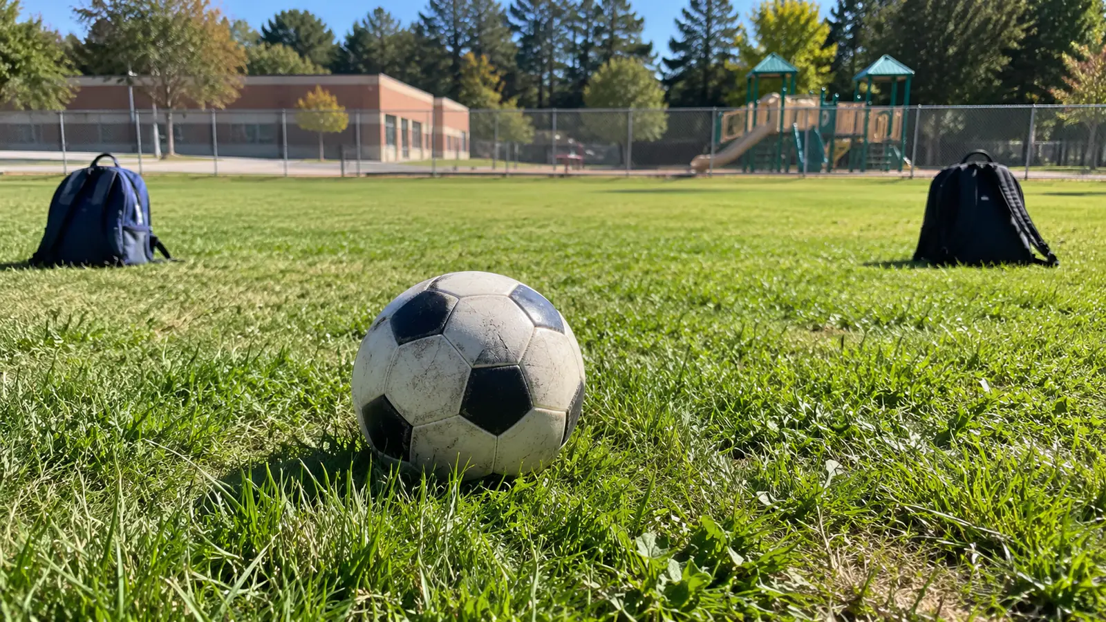 A scuffed soccer ball on a school field, with two backpacks for goalposts